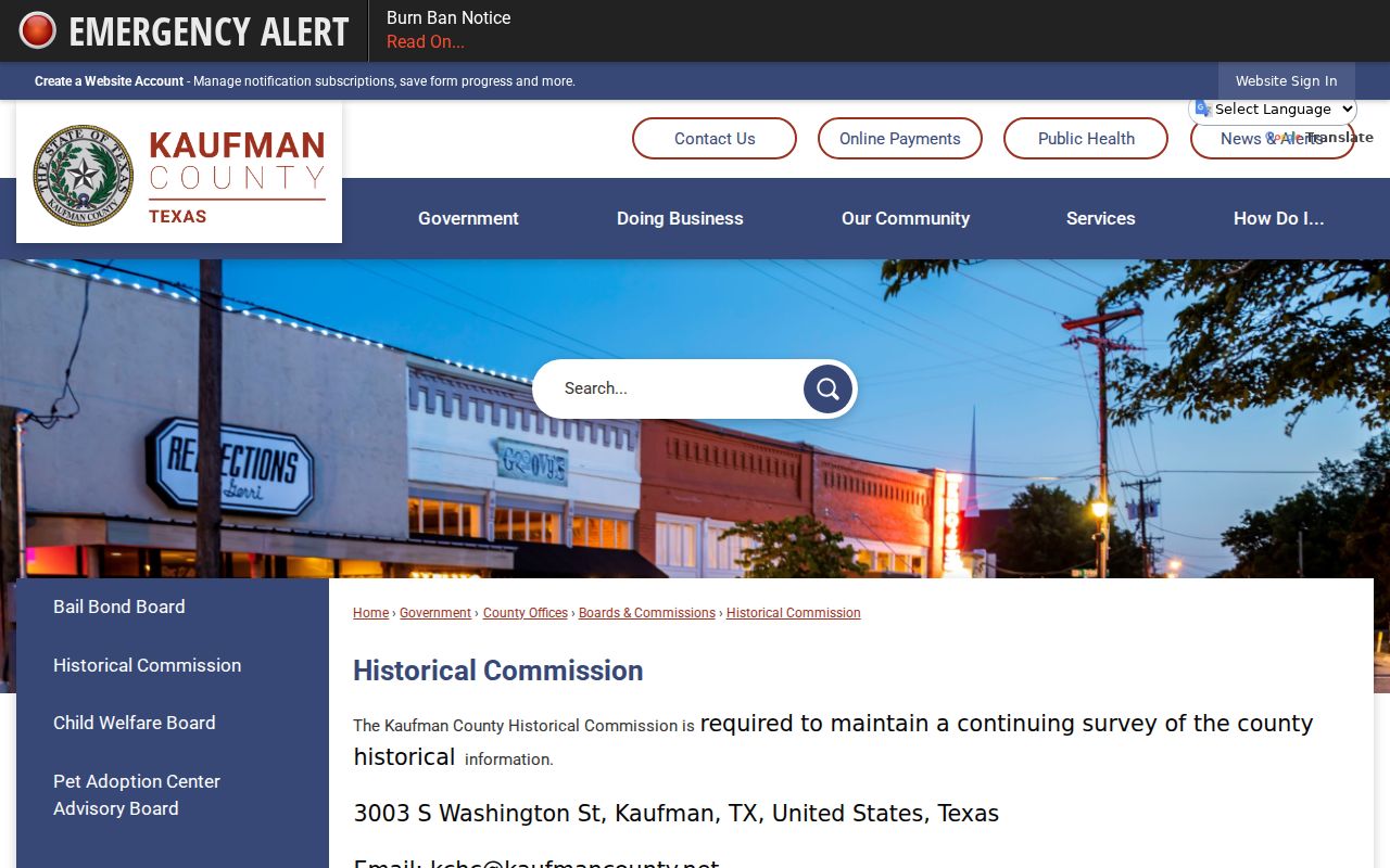 Kaufman County city directory historical research through the Historical Commission contact page