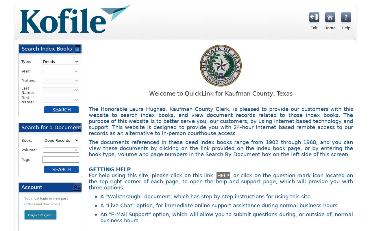 Kaufman residents directory County Clerk deed index search fields